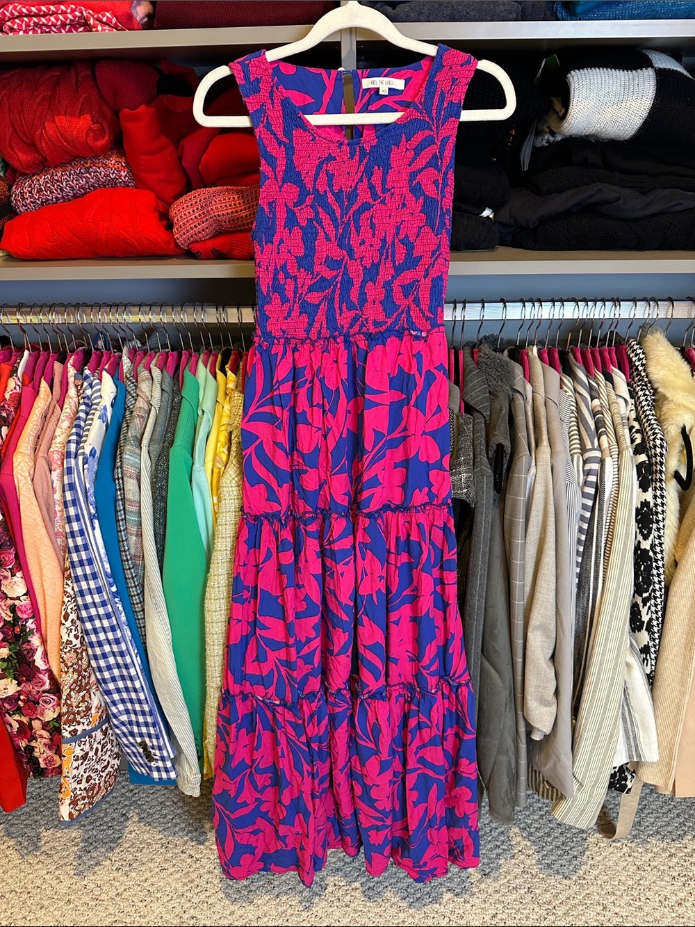 Abel The Label pink/blue floral sleeveless smocked tiered midi dress size XS
